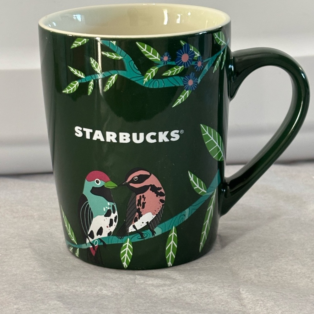 Starbucks Dark Green Ceramic Mug with Colorful Bird Artwork